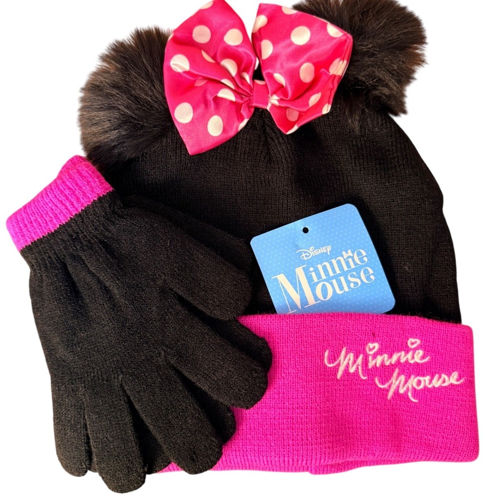 Disney Minnie Mouse Girls Beanie Hat and Gloves Set Black Pink Age 4-7 Set